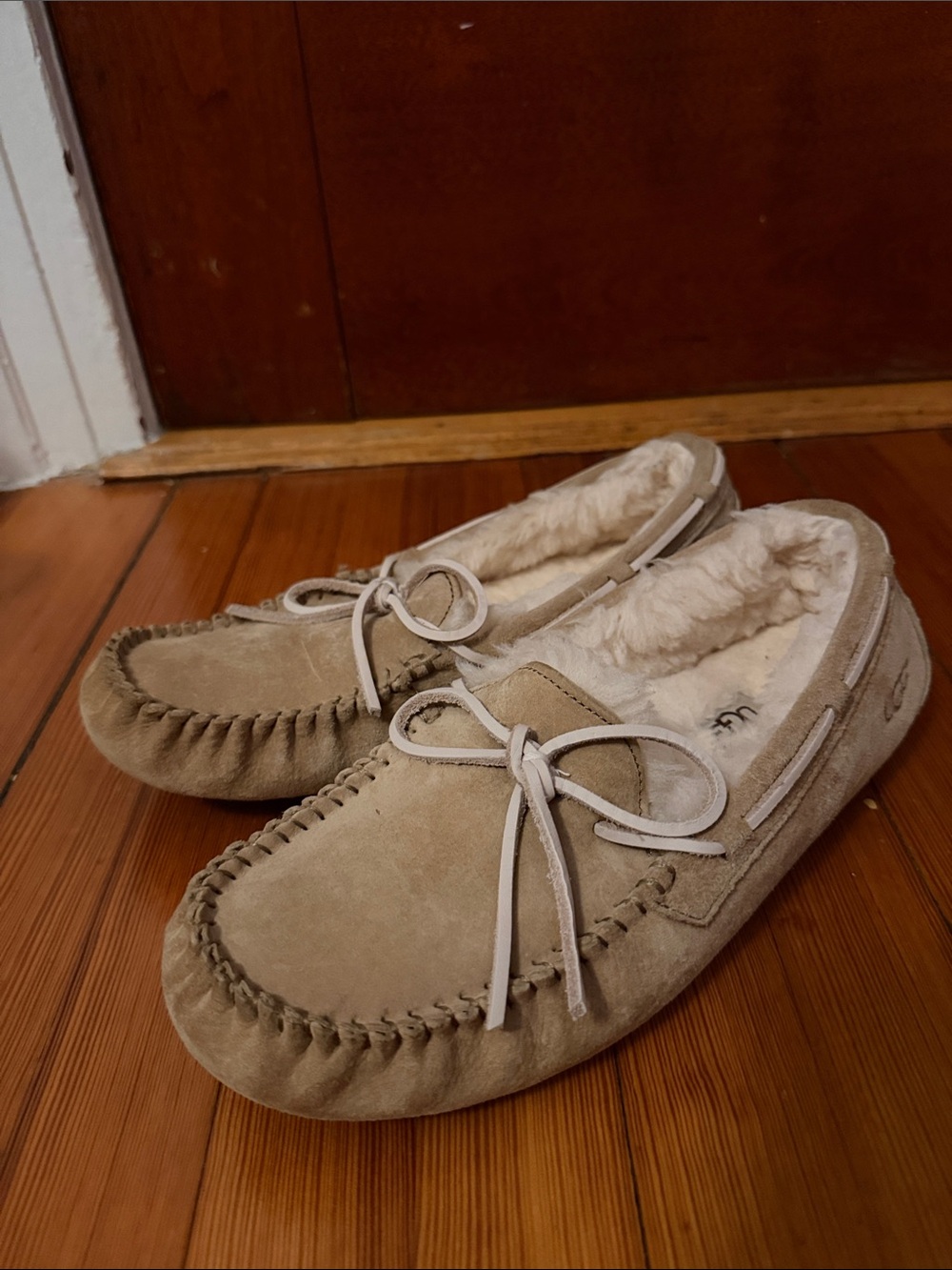 UGG Moccasin Slippers in Light Brown with Light Pink Ties